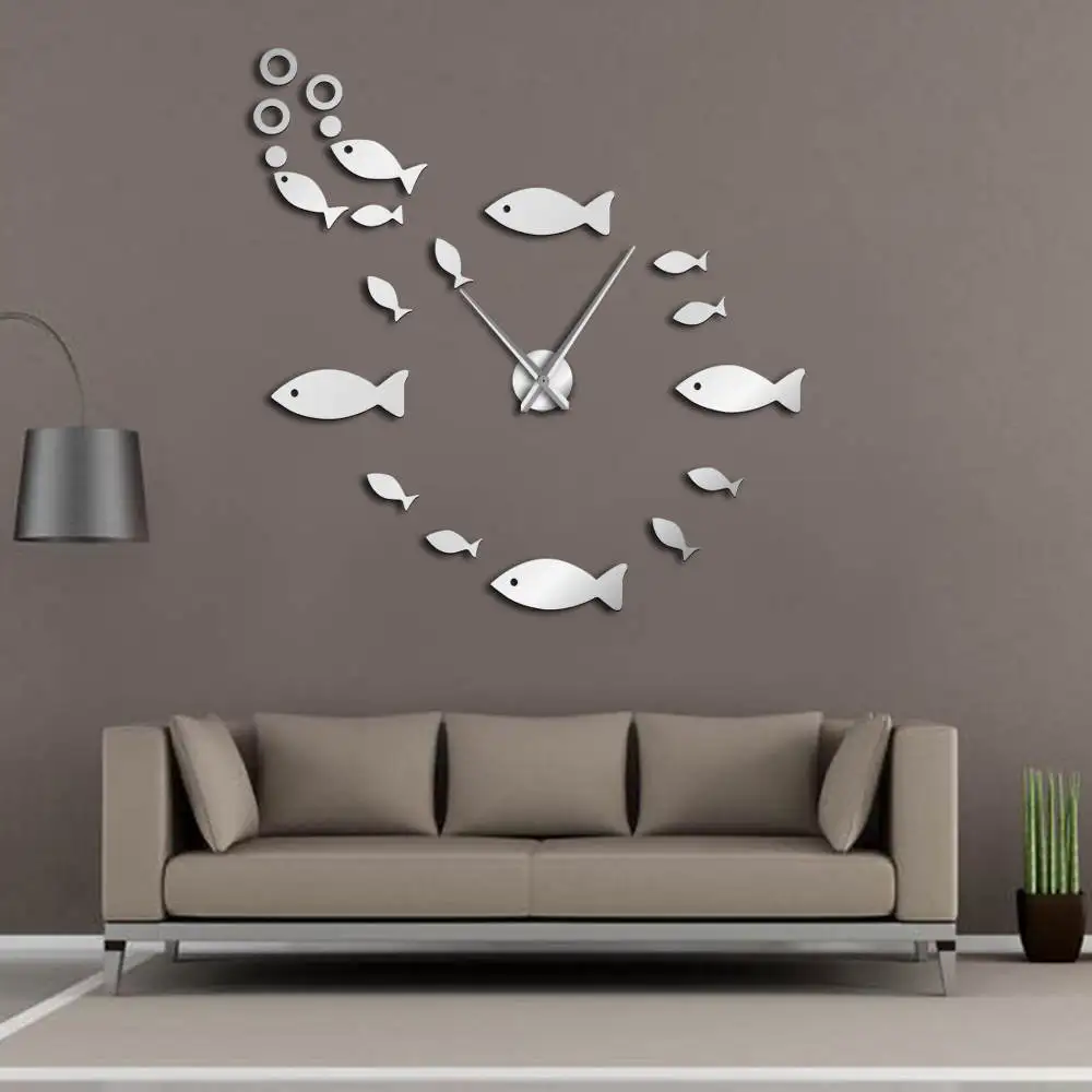 Рыба DIY большие настенные часы Shoal of Fish бескаркасные гигантские настенные часы 3D большие зеркальные настенные стикеры современный дизайн часы