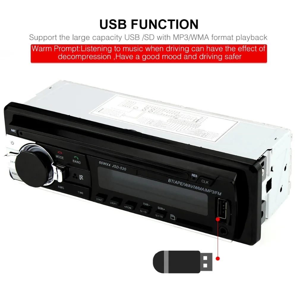 1 Din автомагнитола JSD520 12 в Bluetooth автомобильный стерео In-dash FM Aux вход поддержка Mp3/MP4 USB TF MMC WMA AUX IN TF автомобильный Радио плеер