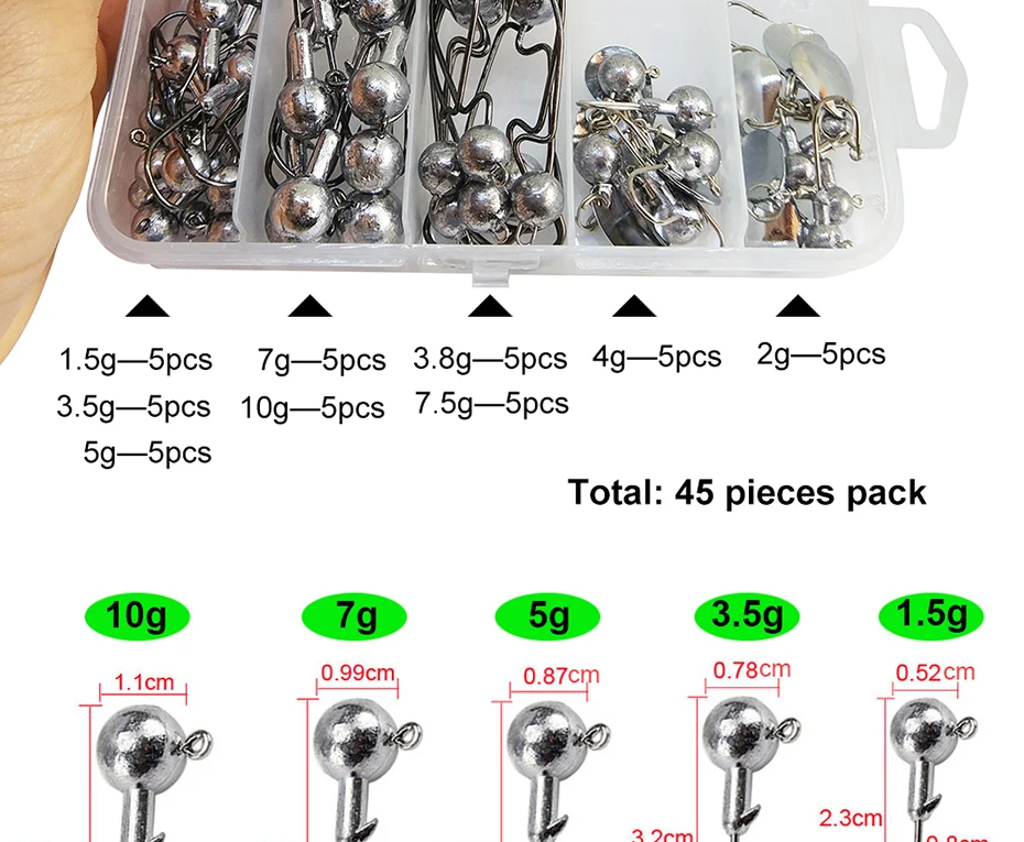 INFOF 45-pieces Jig Head рыболовный крючок комплект Jighead Неокрашенный 1,5 г-10 г свинцовые Крючки рыболовные крючки крючок под червя для ловли карпа