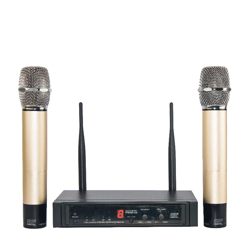 Звуковой эффект регулировки! Расстояние 50 м! Двухсторонний цифровой UHF беспроводной микрофон с 2 золотыми металлическими ручками для KTV Talk show