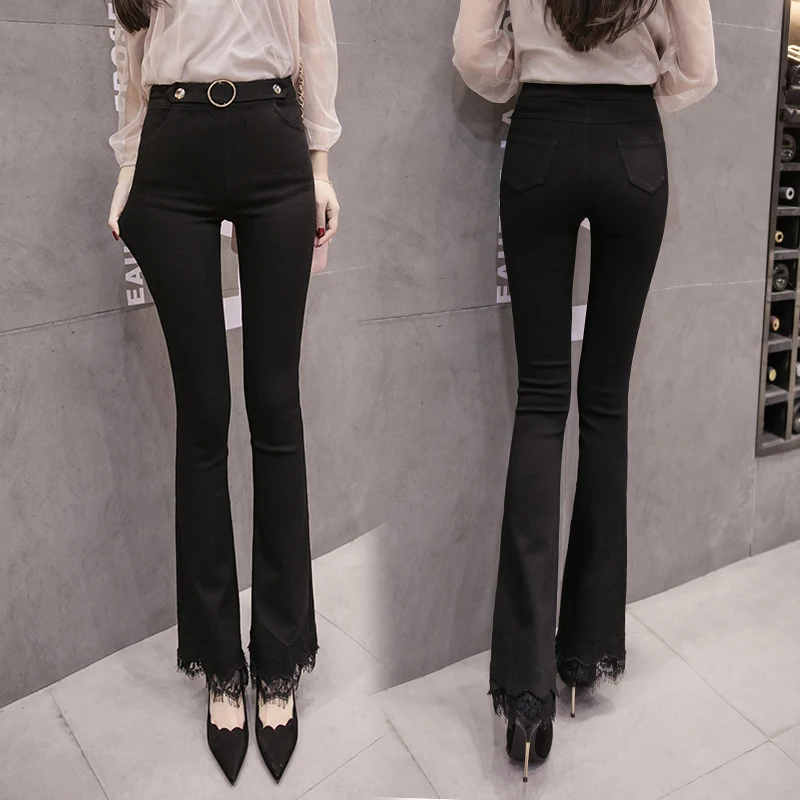 

2019 модные весенне-осенние сапоги выше колена Новинка микро-клеш штаны женские кружевные туфли на высоком, подчеркивающие фигуру, с завышенн...