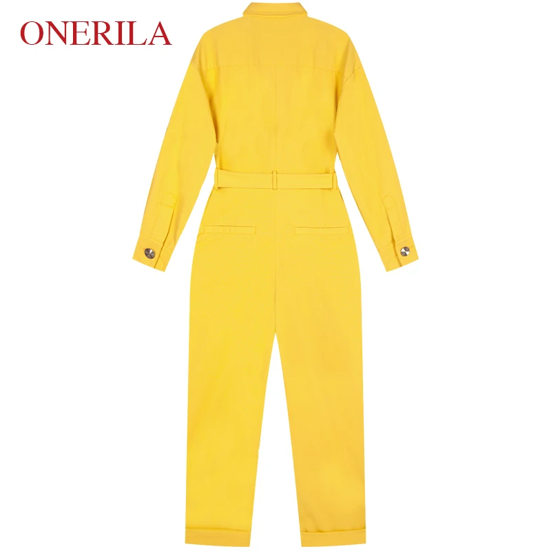 Однорядный осенний повседневный комбинезон с желтым воротником и длинным рукавом для женщин 2018 года ONERILA с поясом.