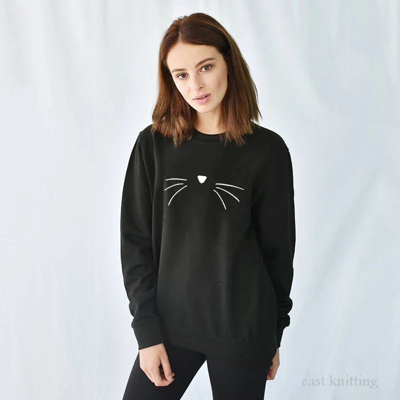 WS0156 Women Cute Cat Face Hoodies Round Neck Casual Print Sweatshirts | Женская одежда