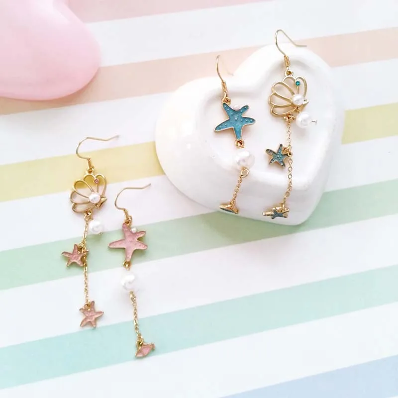 Original Japanese and Korean accessories source factory starfish shell dripping oil ear nail cartoon long tassel female earrings | Украшения