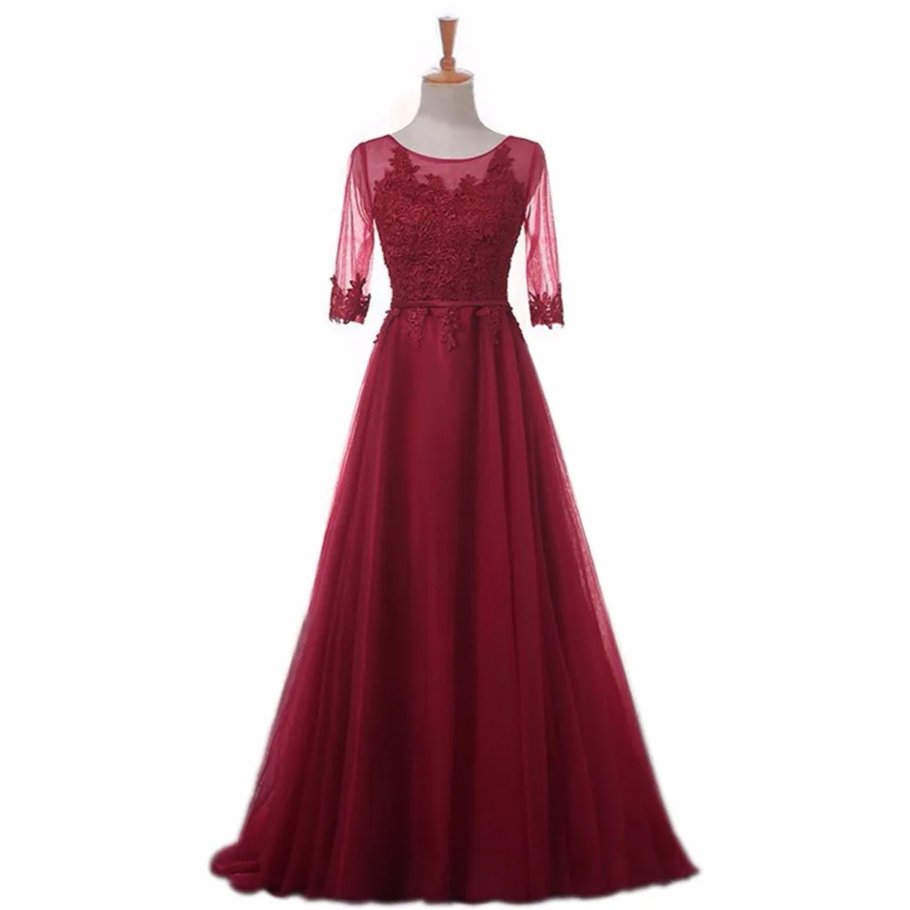 dark red NOBLE WEISS элегантное кружевное вечернее платье трапециевидной формы с круглым вырезом и коротким шлейфом дешевые платья для выпускного вечера вечерние платья с рукавами до локтя - Цвет: dark red