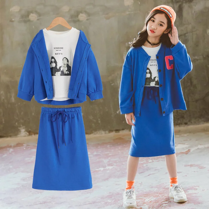 Fashion Kids Girls Clothing Sets Casual Cardigan Coat+T-shirt+ Skirt Suits 3pcs for Teenage Autumn Children Clothes School Sets
