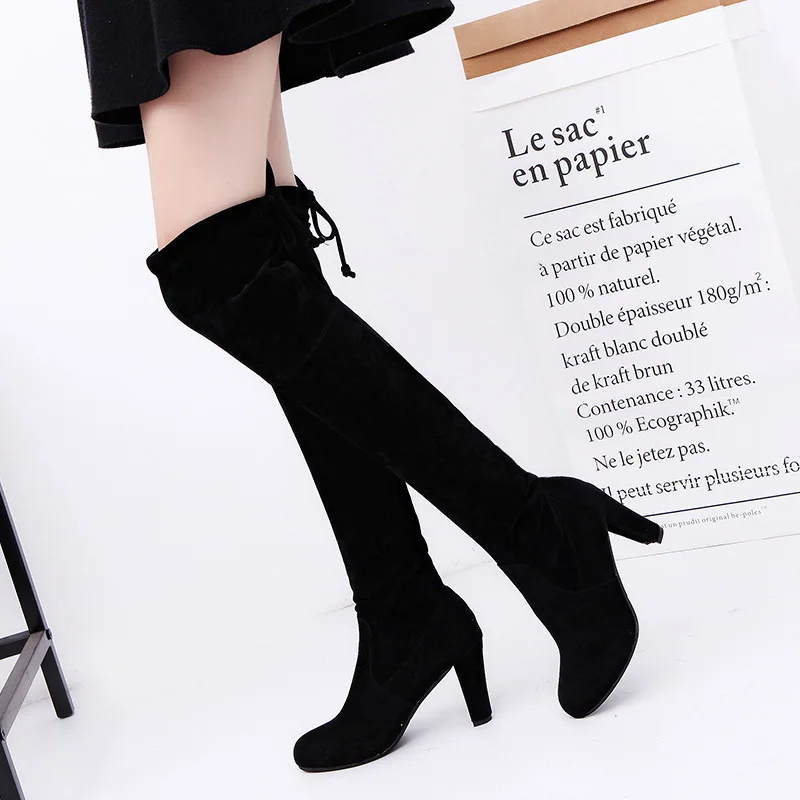 

Модные зимние длинные сапоги, женские сапоги до бедра из флока, привлекательные Сапоги выше колена, женская обувь на высоком каблуке 8 см, цвет черный