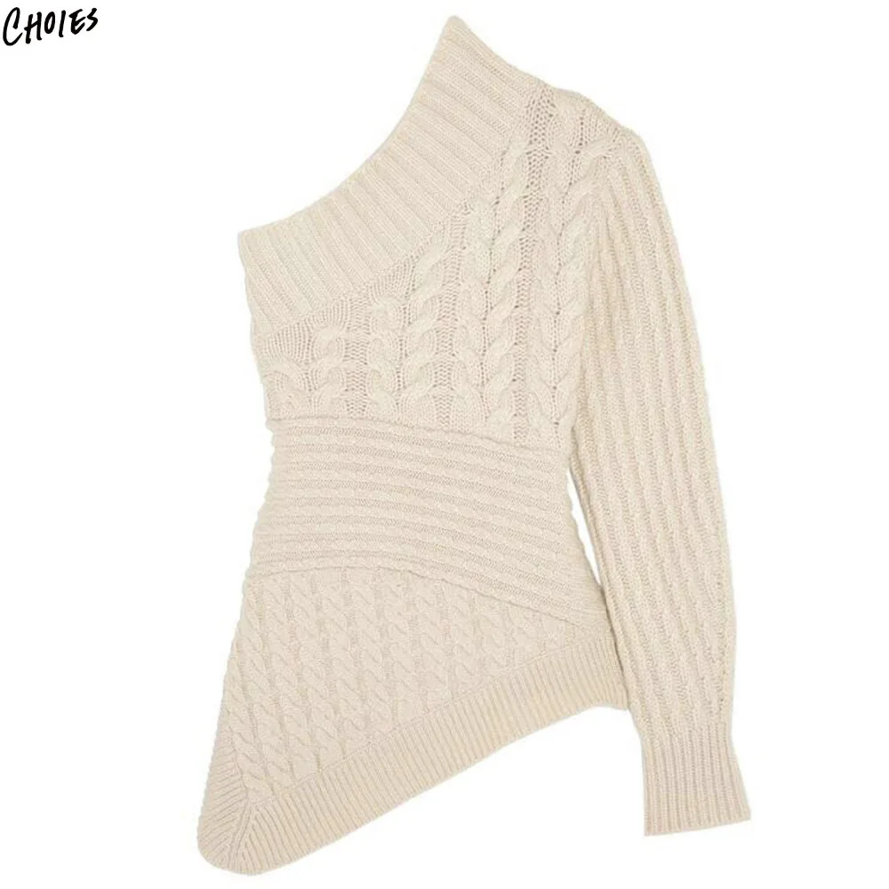 Beige One Shoulder Asymmetric Hem Cable Knitted Sweater Women Brand Fashion Irregular Neck High Street Novelty Top | Женская одежда