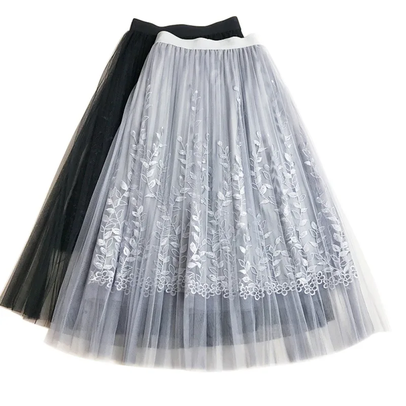 

Elegant Skirt Women Vintage High Waist Embroidery Pleated Knee Length Skirt