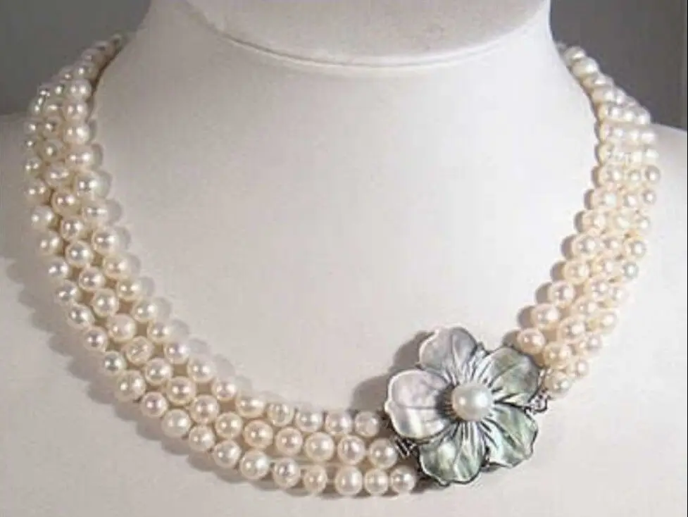 

VERY CHARMING 3ROW 7-8MM AA+ WHITE AKOYA NATURAL PEARL NECKLACE 17INCH-19"IN