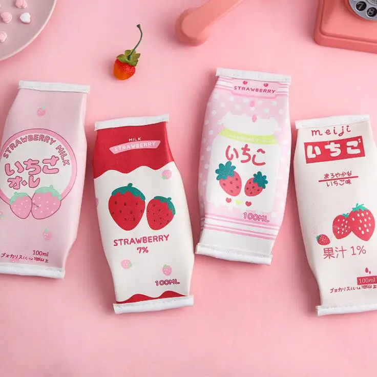 

1PC Large Capacity PU Kawaii Strawberry Milk Pencil Case For Girls Pencilcase Bag School Stationery Escolar Kids Birthday Gift