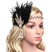 art deco 1920s flapper great gatsby inspired leaf medallion pearl headband black feather gold and black feather