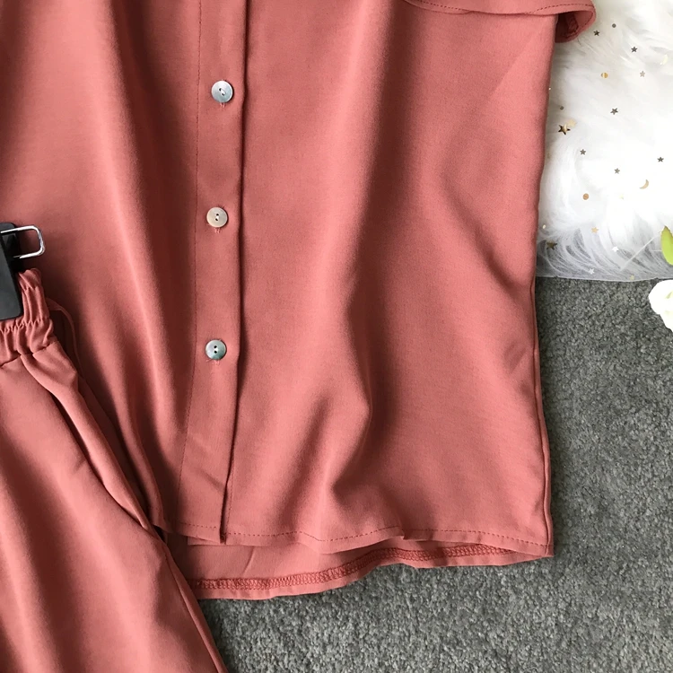 ALPHALMODA/ летний однобортный Топ с оборками+ широкие брюки, Женский повседневный комплект из 2 предметов, женские летние однотонные штаны, костюмы