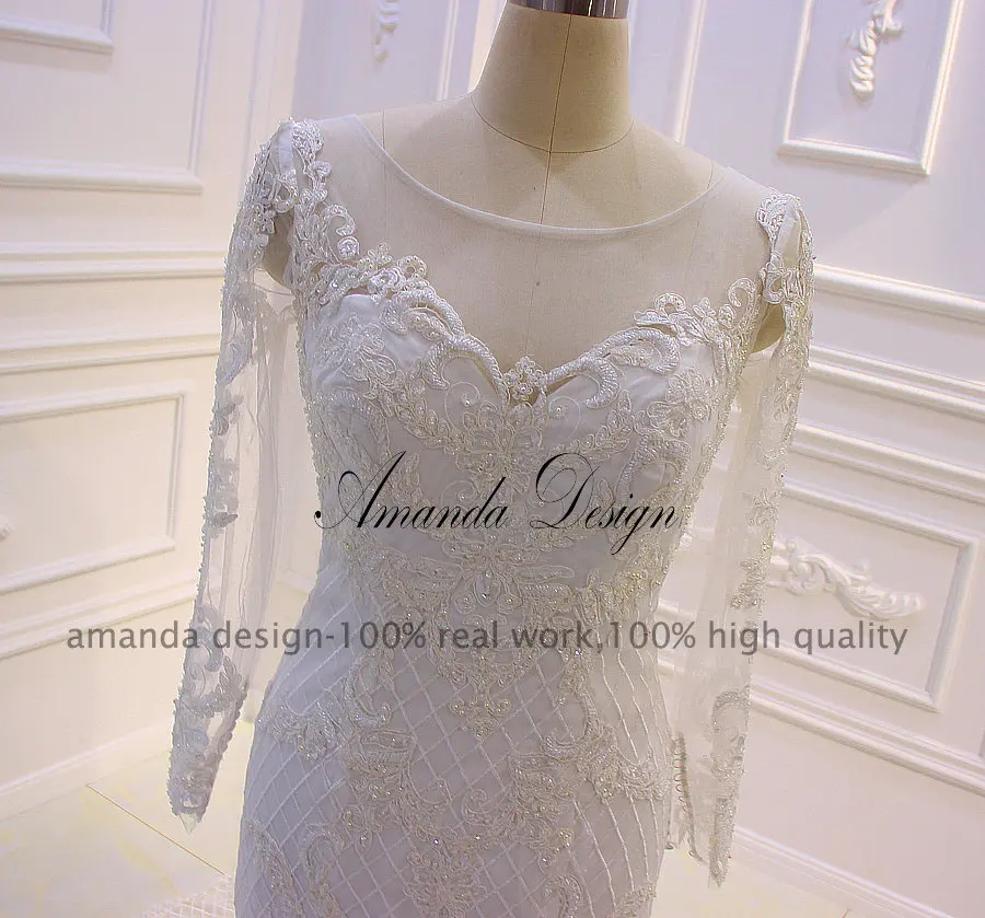 Аманда дизайн abendkleider полный рукав Кружевная аппликация с жемчугом Русалка