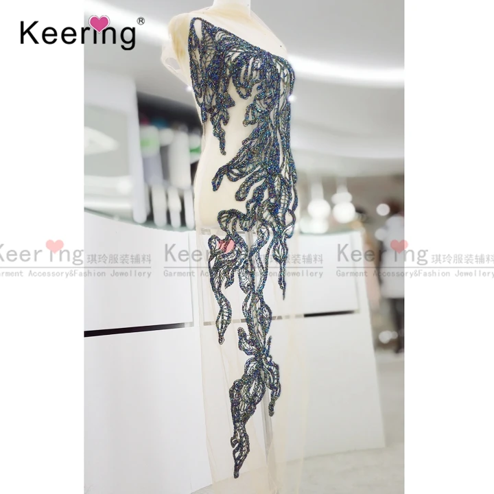 

large patches handmade beaded lace fabric applique work design for gown WPH-1804