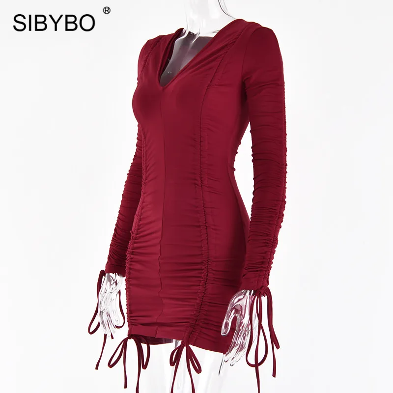 SIBYBO, Осеннее Плиссированное сексуальное мини-платье с длинным рукавом, модное облегающее Повседневное платье с v-образным вырезом, женские уличные облегающие вечерние платья