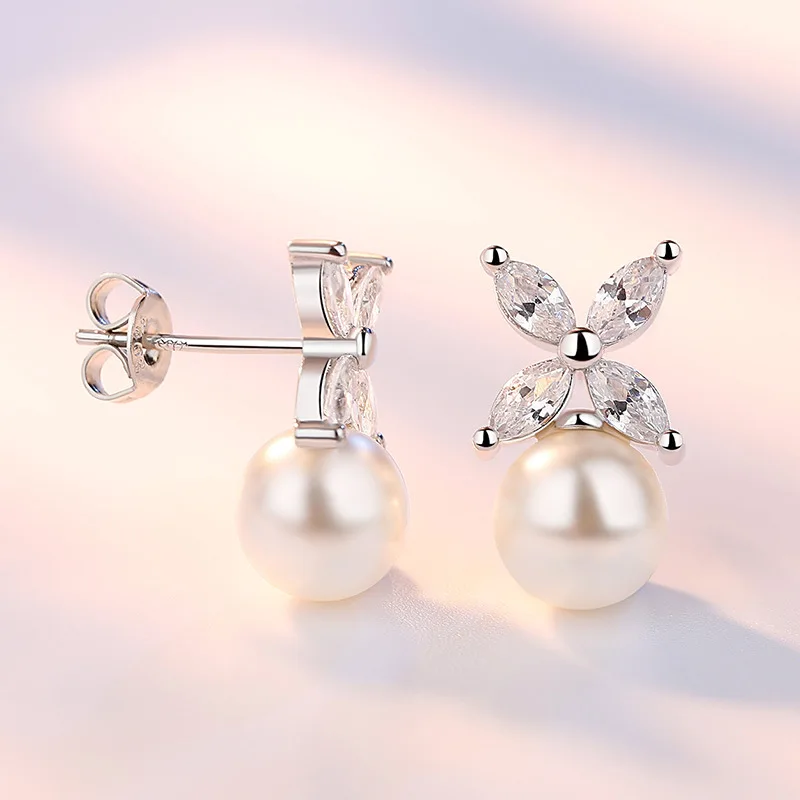 

100% 925 sterling silver shiny cz zircon ladies stud earrings flower pearl women jewelry gift drop shipping female