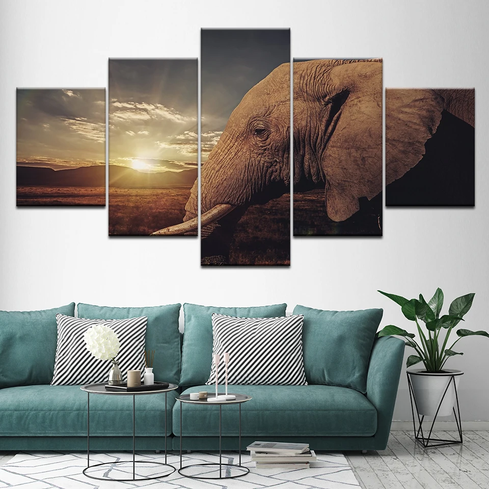 Картина на холсте голова слона закат Сияющий 5 шт. настенное искусство модульные