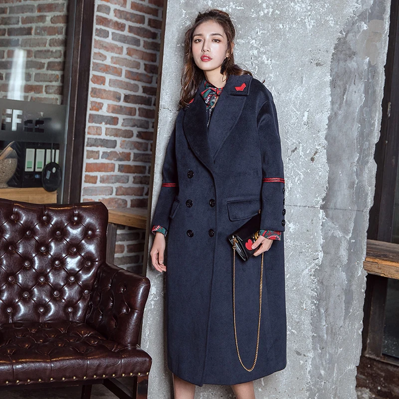 Мода свободные Для женщин Шерстяное пальто Длинная парка погон Осенне-зимнее