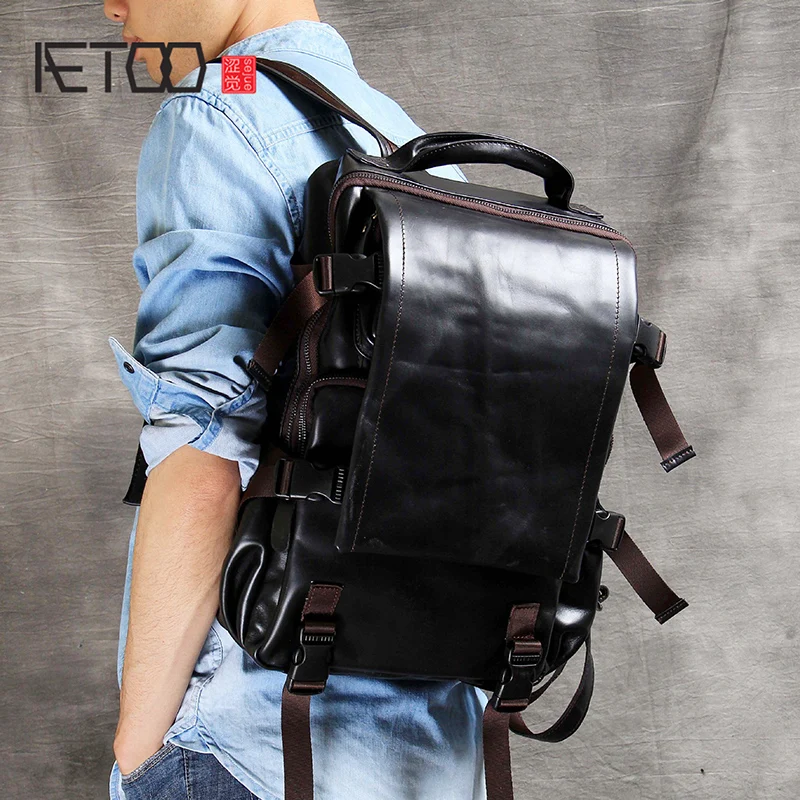 AETOO Head-layer cowhide shoulder mountaineering bag handmade male and female leather backpack classic casual travel Bag