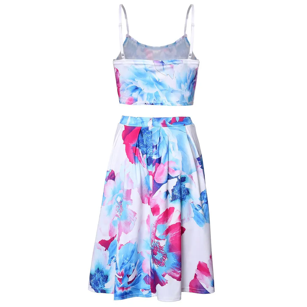 New 2015 Summer Style Women Sleeveless Floral Print Two Piece Dress O Neck Spaghetti Strap Vestidos Black White Plus Size S-XL | Женская