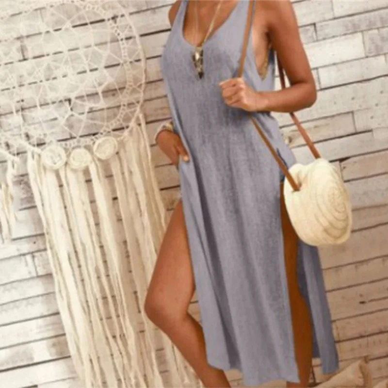 Solid Color Deep V Split Vest Dress Evening Party Summer Beach Casual Long Sundress QL Sale | Женская одежда