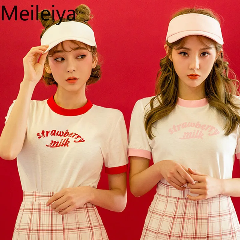 Женская футболка с короткими рукавами принтом клубники тонкая Милая буквенным