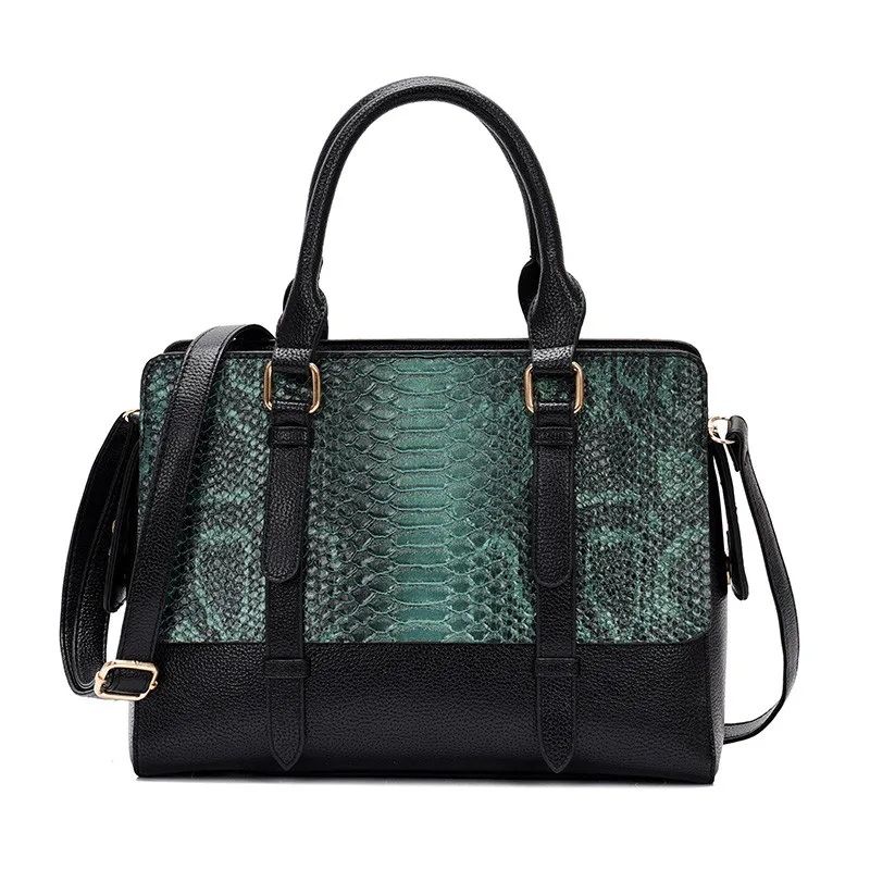 Fashion Serpentine Pattern Women Handbag Big Snake Skin PU Leather Crossbody Female Bag Brown Green Sac Femme Large Shoulder Bag - Color: GREEN