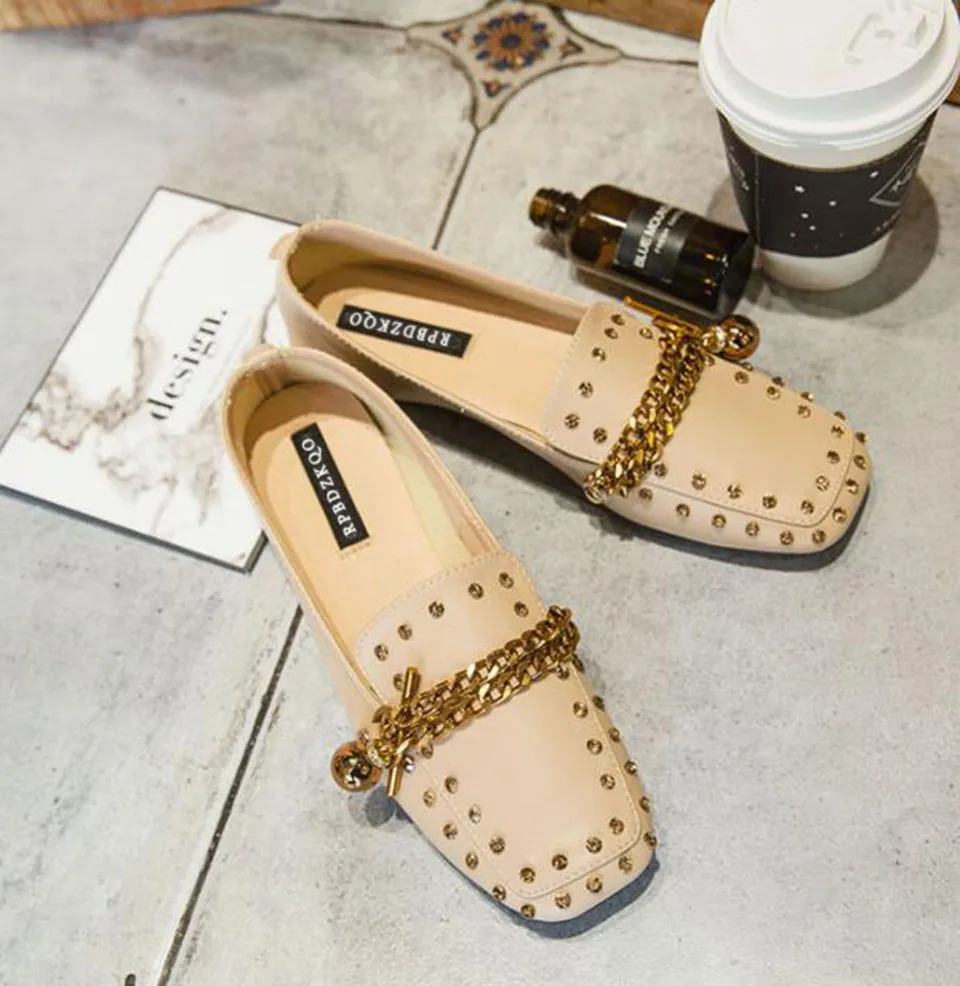 Kette Müßiggänger Runway Kristall Schwarz Schlüpfen Quadratische Zehe Strass Italienisch Flache Schuhe Metall Nackt Designer Schuhe Frauen Luxus Mode Tropfenschifffahrt Frühlingsherbst Schön Europäisch