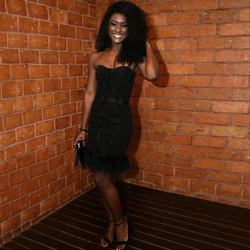 

Fashion Black Feathers Celebrity Beading Cocktail Party Dress High Quality Women Summer Sexy Strapless Bandage Dresses Vestidos