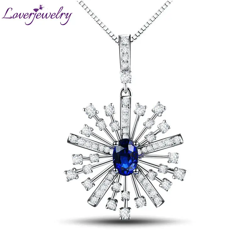 Однотонное ожерелье с подвеской из белого золота 18 карат бриллиантами и сапфиром