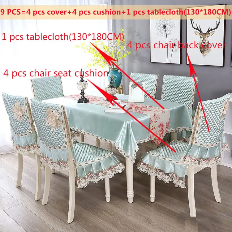 Green 9pcs Прямоугольная Водонепроницаемая Подушка на стул Обложка жаккард Роскошная скатерть для обеденного стола Набор Элегантное свадебное украшение винтажная скатерть - Цвет: Green 9pcs