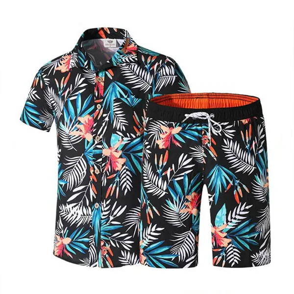 Men sets-Black Летний пляжный комплект, мужской спортивный костюм с короткими рукавами и принтом листьев, повседневные Гавайские рубашки из двух предметов+ шорты для серфинга, Beacn одежда - Цвет: Men sets-Black