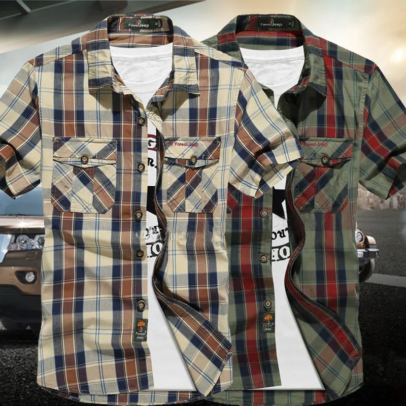 Для мужчин рубашка короткий рукав Повседневная хлопковая в клетку Винтаж