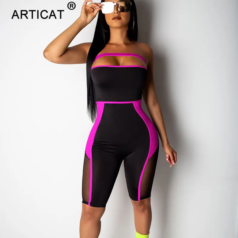 Articat сетки лоскутное без бретелек Bodycon комбинезон для женщин с открытыми плечами прозрачные летние женские комбинезоны с открытой спиной костюм для вечеринки