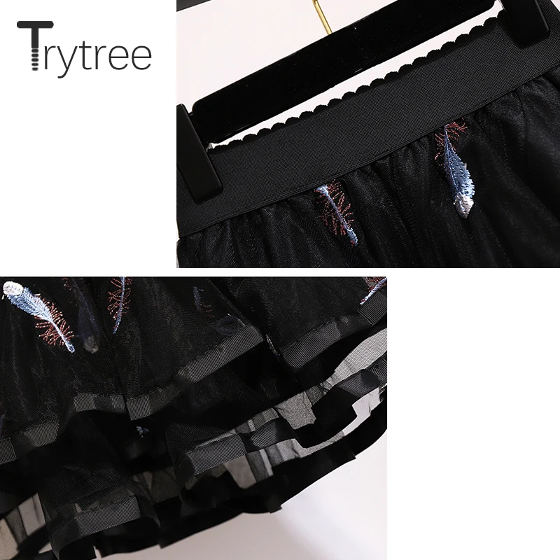 Trytree летний женский костюм из двух предметов косой вырез с оборками Топы с рукавами-буффами+ юбки телефонный чехол с выгравированным пером комплект лиф на резинке+ мини юбка Повседневное комплект из 2 частей