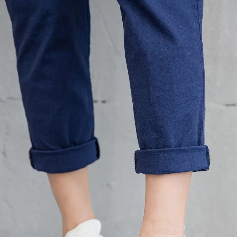 

Women Casual Harajuku Pants Spring Summer Big Size Long Trousers Solid Elastic Waist Cotton Linen Pants Ankle Length Haren Pants