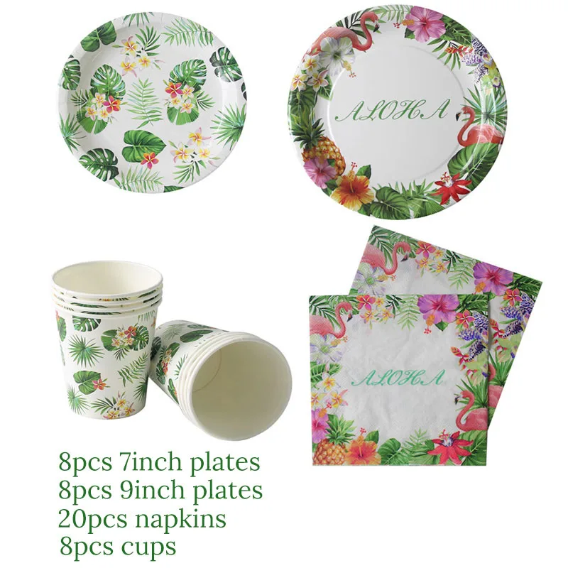 Disposable tableware Summer Tropical Green palm Flamingo Paper plate cup napkin Hawaiian Aloha Luau party supplies Wedding decor