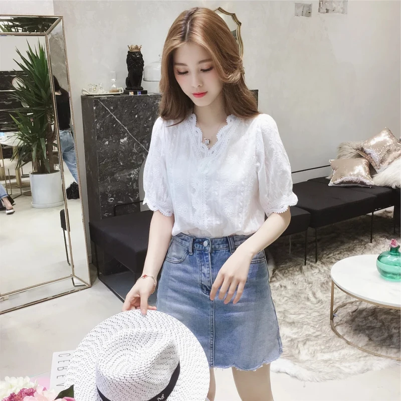 Женская шифоновая блузка с коротким рукавом V-образным вырезом | одежда
