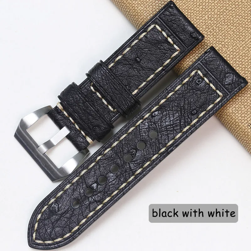 Black with White Pesno Africa натуральная страусиная кожа часы ремешок черный коричневый серый розовый синий 24 ремешок для часов, мм Мужские аксессуары для часов для Panerai - Цвет ремешка: Black with White