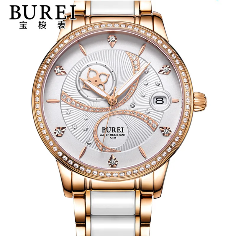 Steel Rose Gold BUREI, розовое золото, черные часы, женские механические Автоматические часы, женские водонепроницаемые керамические часы с кожаным ремешком, бриллиантовые светящиеся часы с датой - Цвет: Steel Rose Gold