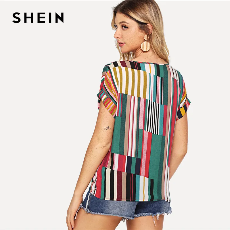 SHEIN разноцветная полосатая футболка с принтом, Повседневная Свободная футболка с круглым вырезом и цветными блоками, женские летние топы с коротким рукавом