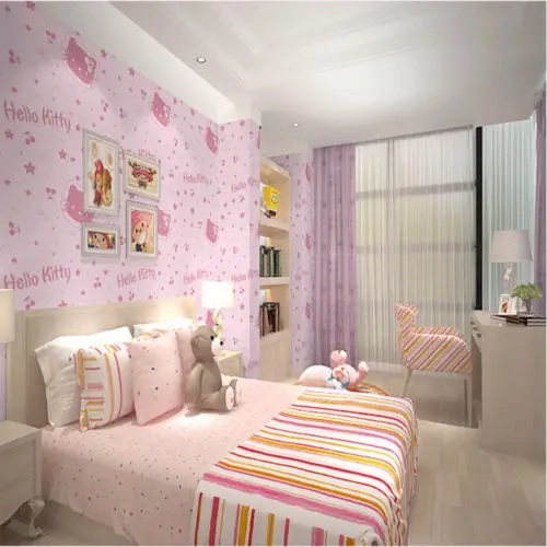 Q QIHANG Kids Room Princess Kitty Cat Pattern Style Non-woven Wallpaper Pink 0.53m*10m=5.3m2 | Обустройство дома