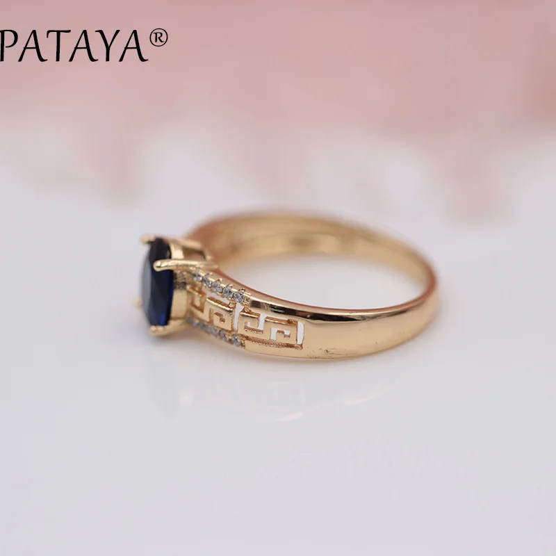 PATAYA, Новое поступление 585, розовое золото, полое кольцо, овальное, темно-синее, натуральный циркон, кольца для женщин, для свадьбы, вечеринки, изысканное ювелирное изделие с резным узором