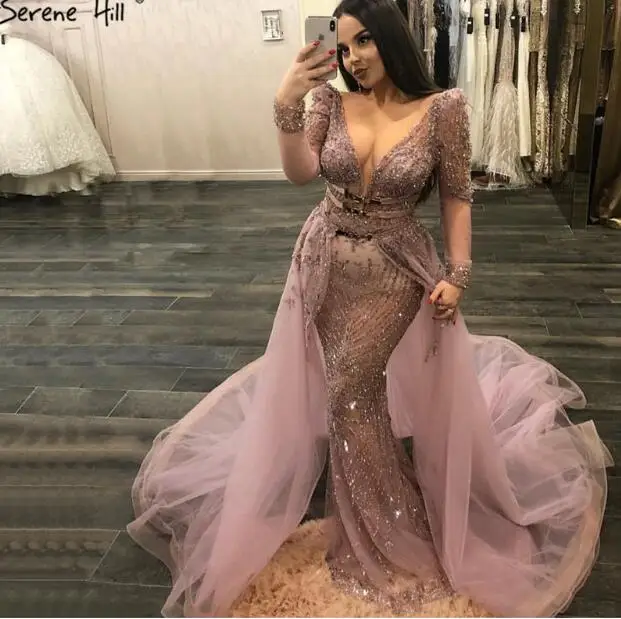 pink Синий Дубай Роскошные блестящие вечерние платья с блестками с длинным рукавом Бисероплетение вечерних платьев беззаботный холм размера плюс BLA60858 - Цвет: pink
