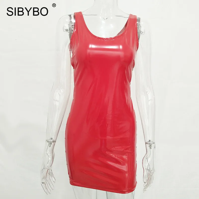 SIBYBO, сексуальное летнее женское платье из искусственной кожи, новинка, модное мини платье на бретелях без рукавов с круглым вырезом, Клубные вечерние платья, короткие