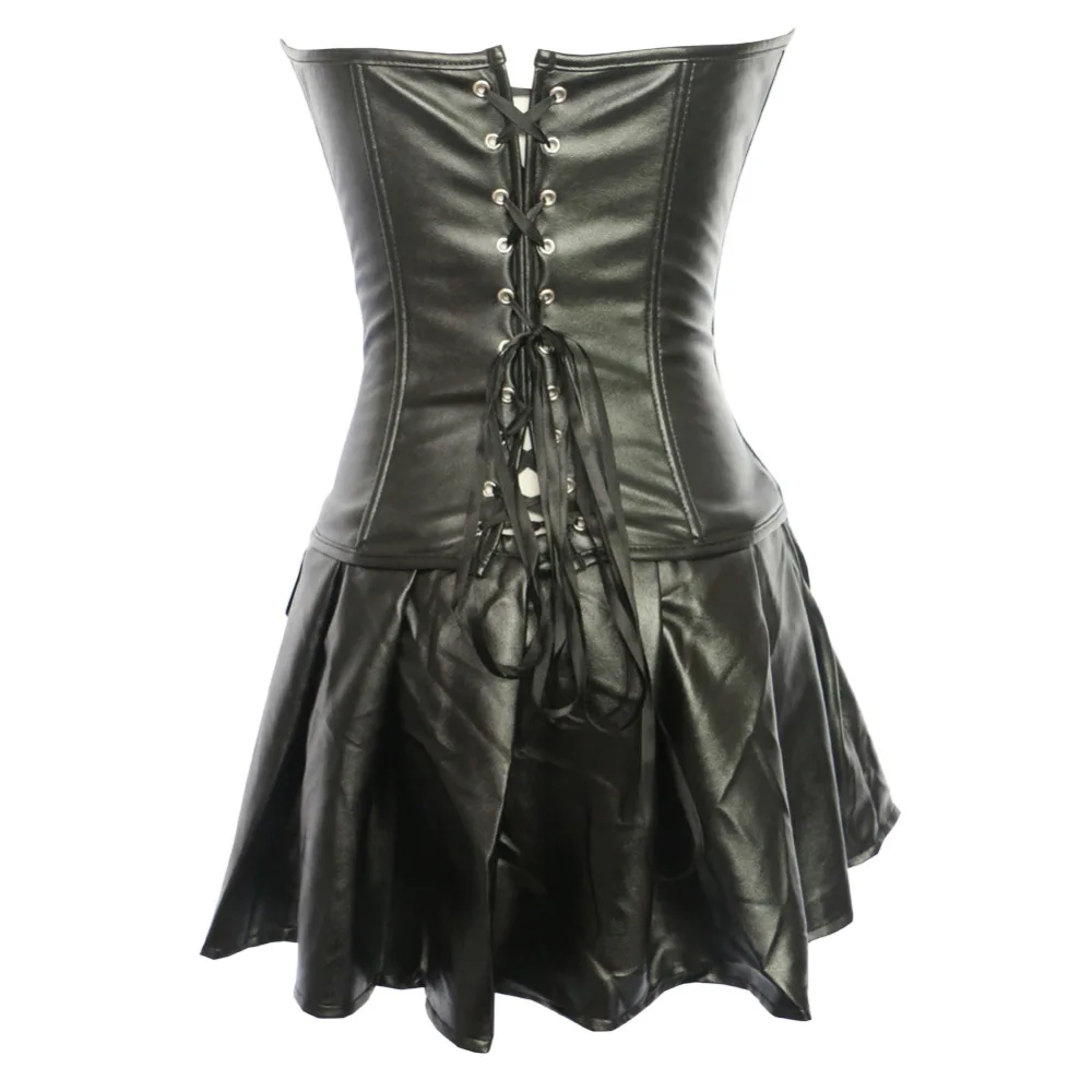 

Faux leather zipper corset Gothic overbust waist cincher bustier clubwear Lingerie top with mini skirt S-6XL
