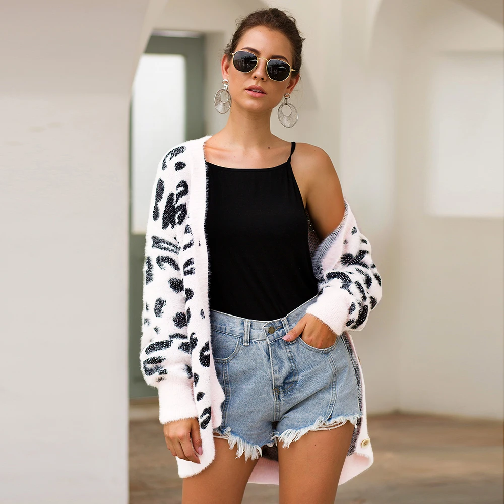 Женские кардиганы с леопардовым принтом вязаный свитер пальто зимний для женщин