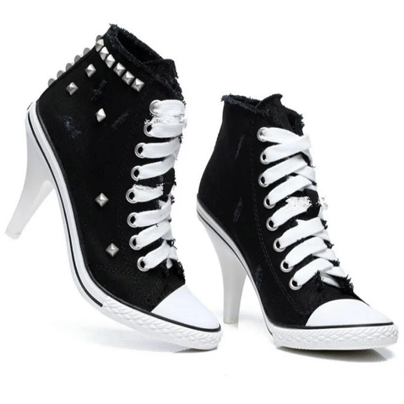 Women Canvas Shoes Denim High Heels black Rivets Shoes Fashion Shoe Laces Sneakers Women Short Boots