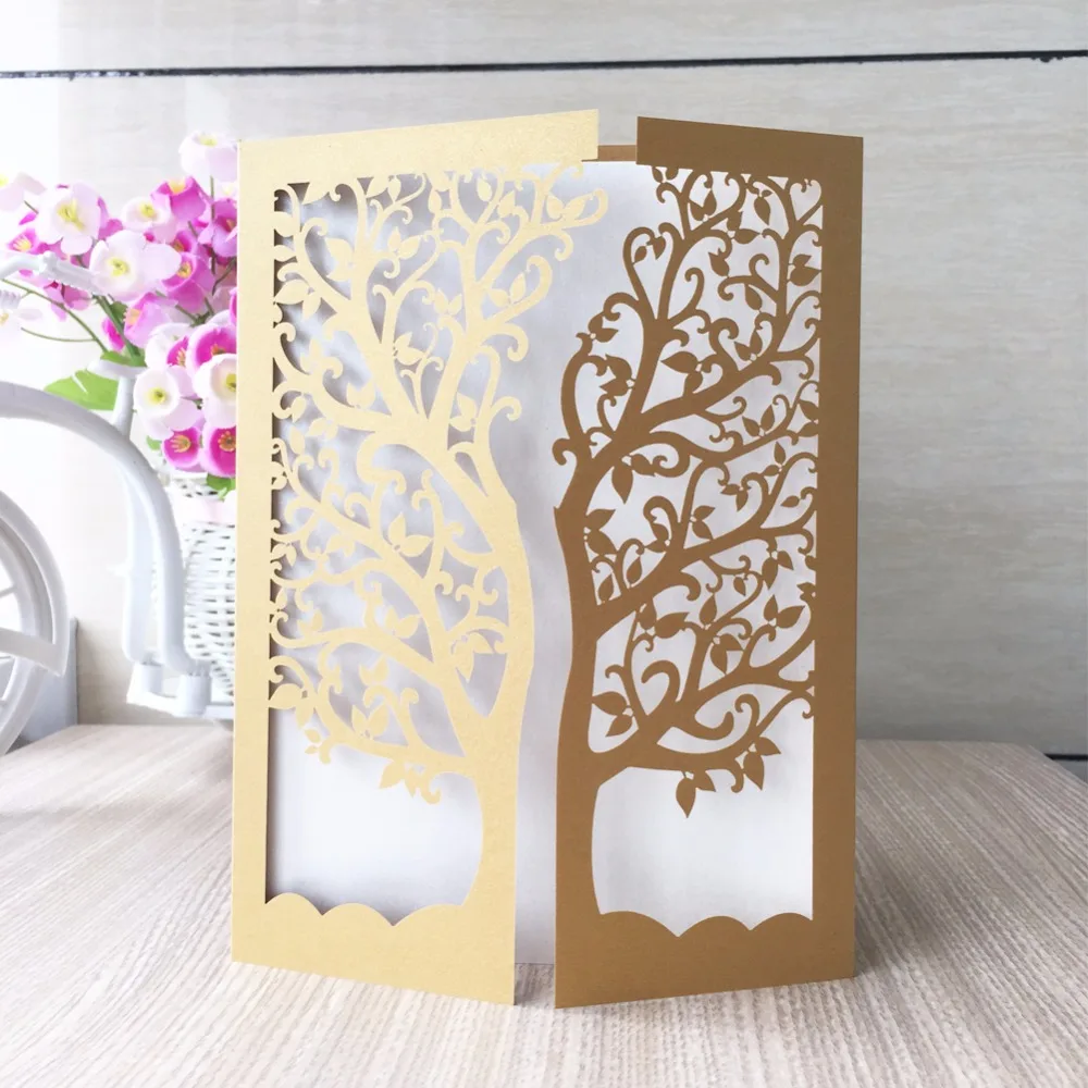 

25pcs Luxurious Wedding Decoration Supplies China White Red Laser Cut Wedding Invitations Elegant Tree Wedding Invitation Cards
